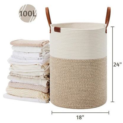 VIPOSCO Tall Laundry Basket, Large Dirty Clothes Hamper with Leather Handle, Woven Rope Storage Basket for Blanket, Toy In Living Room, Bathroom, Bedroom - 100L White & Brown