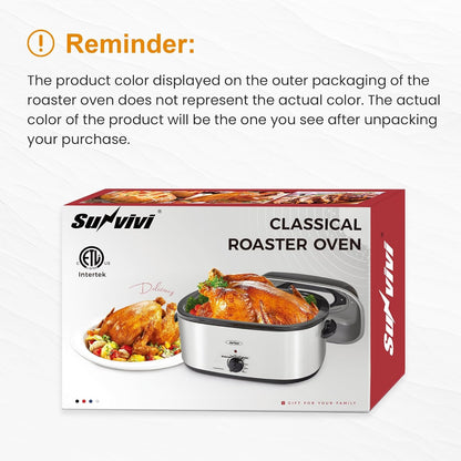 Sunvivi Electric Roaster Oven - 24 Quart Turkey Roaster with Self-Basting Lid & Removable Pan | Stainless Steel Silver