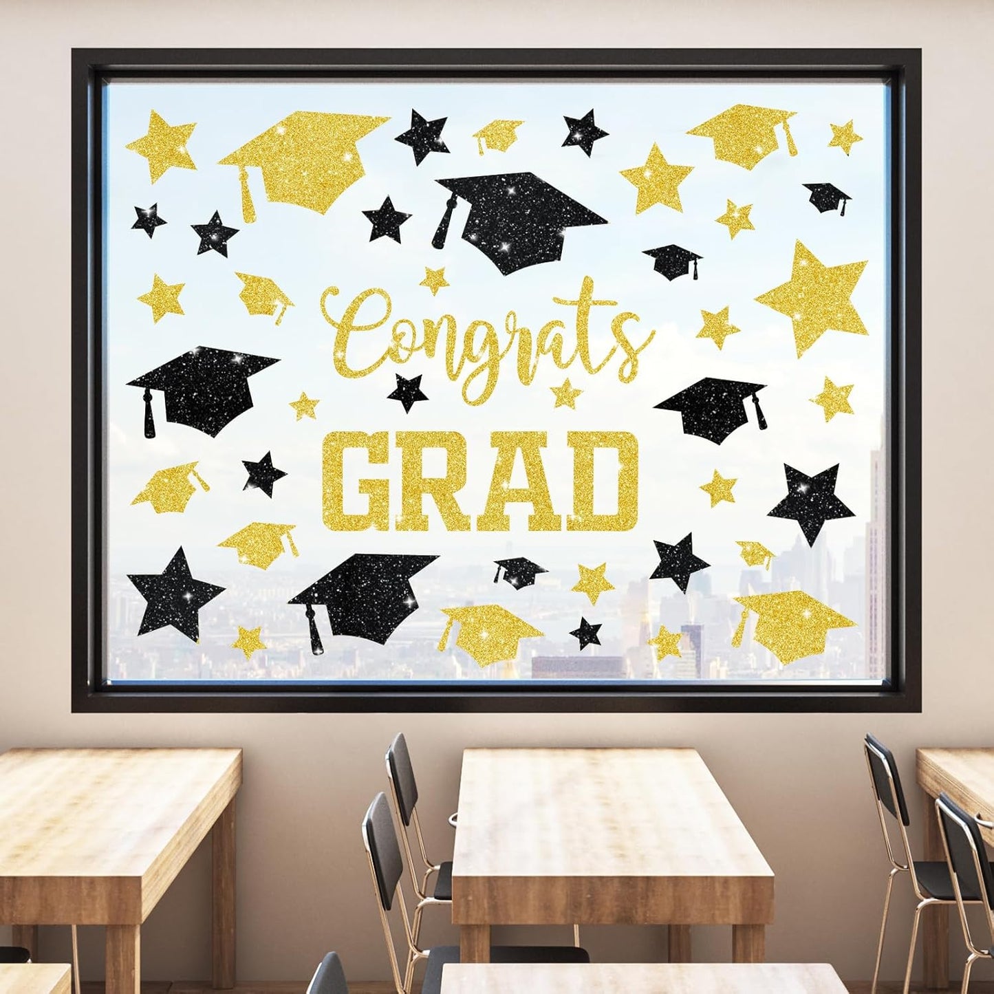 Whaline Glitter Graduation Window Clings - Double-Sided Black & Gold Grad Hat & Star Decor | 6 Sheets