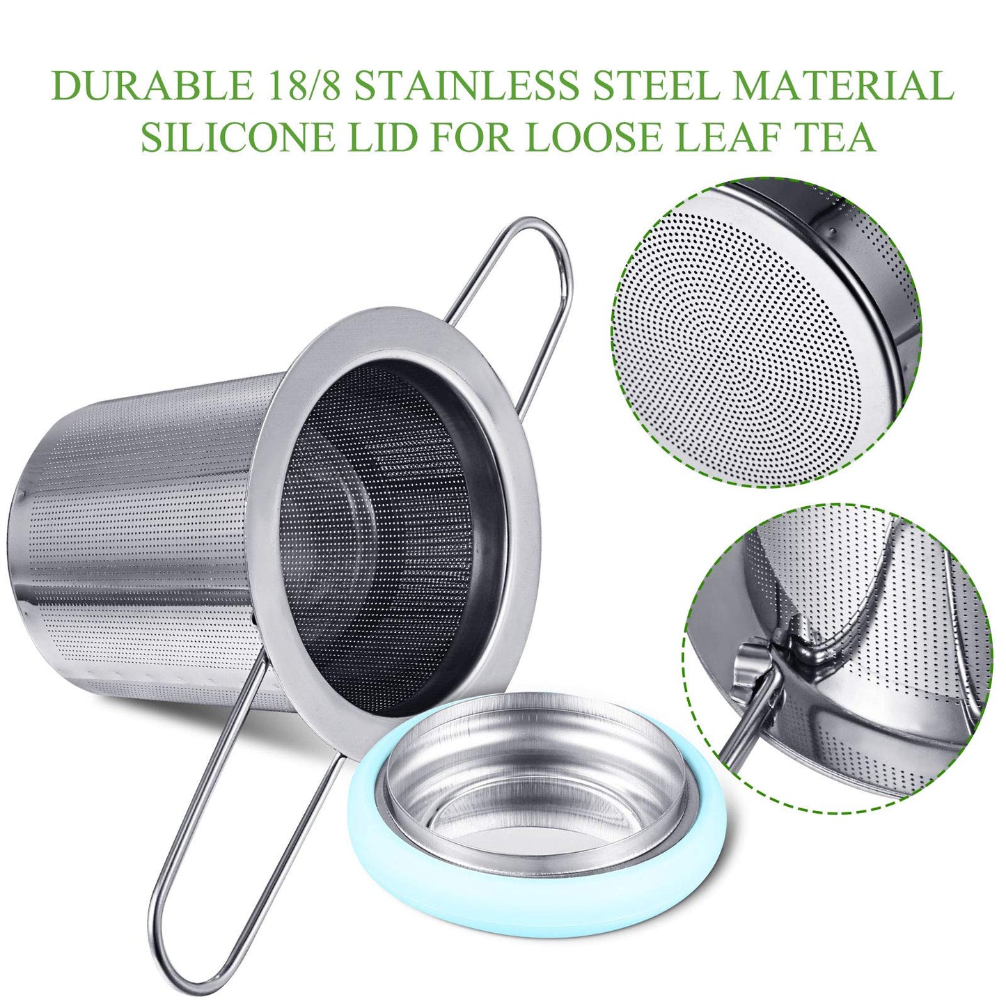 2 Pieces Tea Infusers with Tea Scoop Stainless Steel Tea Strainer Folding Handle Tea Filter Fine Mesh Strainer Brewing Basket with Silicone Lid for Loose Leaf Tea