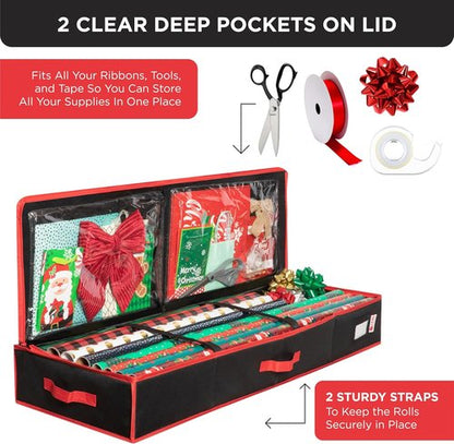 HOLDN’ STORAGE Premium Wrapping Paper Storage Container - Durable 600D Tear-Proof Design, Fits 27 Rolls, Extra Pockets for Ribbons & Bows, Black Underbed Storage for Holidays