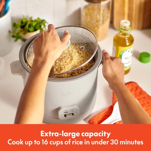 Bella 16-Cup Rice Cooker - Automatic Keep Warm Function, Nonstick Bowl & Steamer | Oatmilk Color