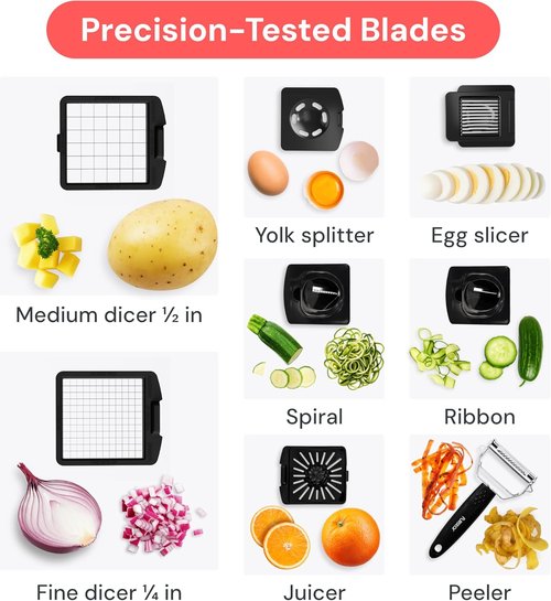 Fullstar Vegetable Chopper & Spiralizer - 9-in-1 Food Chopper with Container, Kitchen Essential in Stainless Steel Black