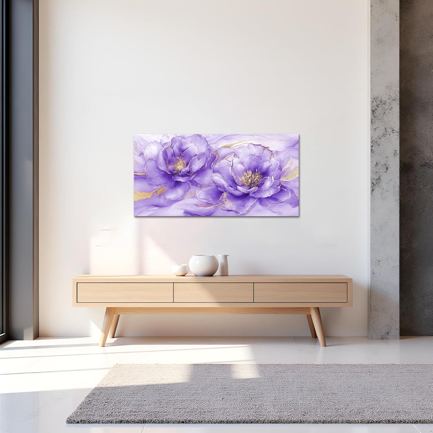 Sechars Abstract Flower Wall Art - Purple and Gold Floral Canvas Print, 20" x 40"