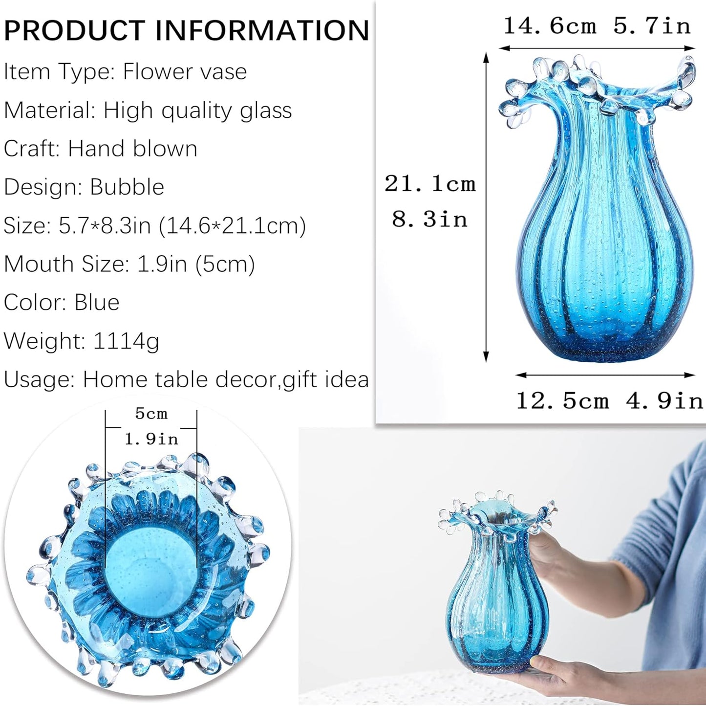 Skiennix 8-Inch Blown Glass Bubble Vase - Modern Art Flower Decor for Home & Office - Blue