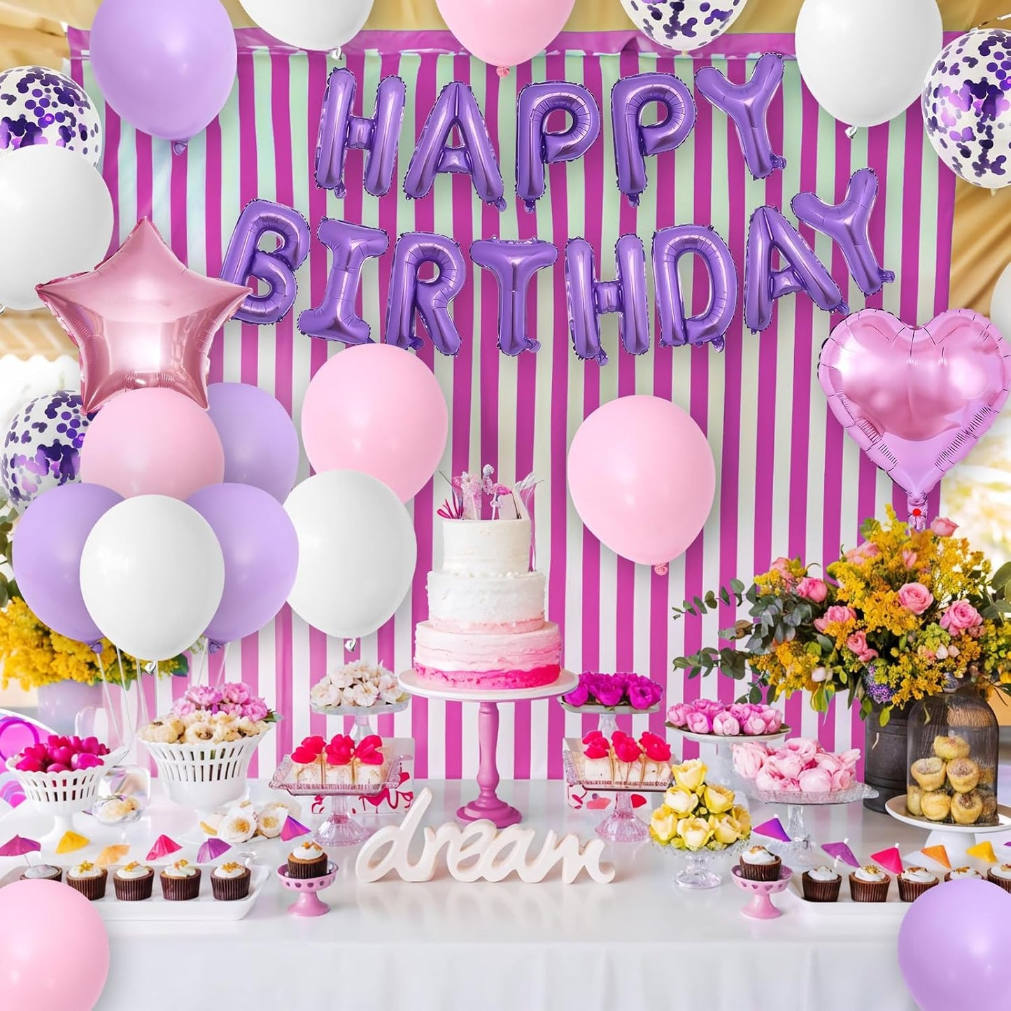 Regine Switzerland Pink & Purple Birthday Decorations - Balloons, Banner & Confetti Set for Parties