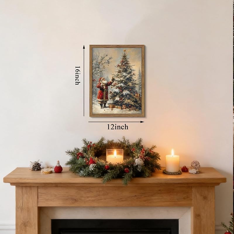 Framed Santa Claus & Christmas Tree Vintage Wall Art, 12x16 Natural Wood Frame