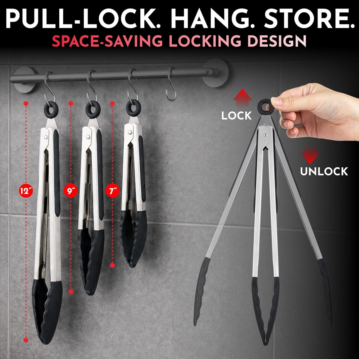 Skiennix Kitchen Tongs Set - Heat Resistant Silicone Tips | 3 Sizes: 7-Inch, 9-Inch, 12-Inch, Black