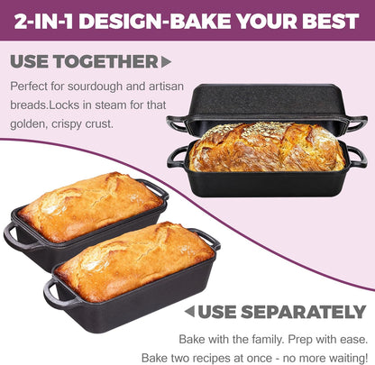 Skiennix Cast Iron Loaf Pan - 11x5 Inch with Lid for Perfect Sourdough Baking | 5.8Qt Capacity