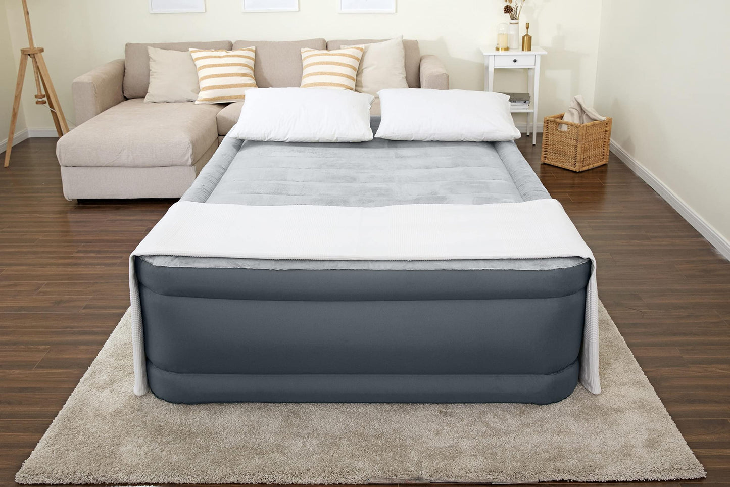 SleepLux Queen Air Mattress | Supersoft Snugable Top, Extra Durable Tough Guard with Built-in Pillow | Raised 22" Airbed with Built in Pump + USB Charger, Grey (69093E)
