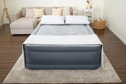 SleepLux Queen Air Mattress | Supersoft Snugable Top, Extra Durable Tough Guard with Built-in Pillow | Raised 22" Airbed with Built in Pump + USB Charger, Grey (69093E)