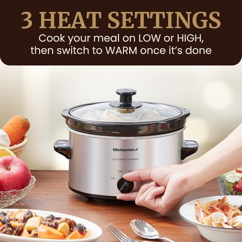 Elite Gourmet MST-275XS Electric Oval Slow Cooker - Adjustable Temperature, 2 Quart, Stainless Steel, Dishwasher Safe Lid