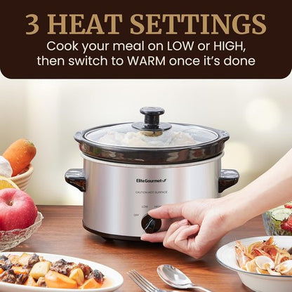 Elite Gourmet MST-275XS Electric Oval Slow Cooker - Adjustable Temperature, 2 Quart, Stainless Steel, Dishwasher Safe Lid