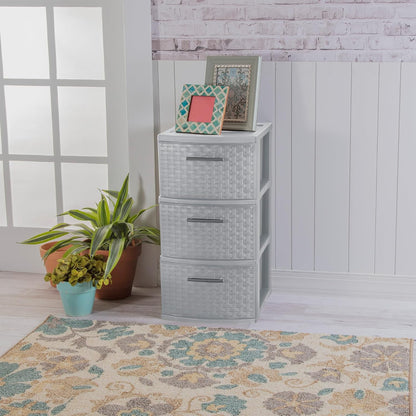 Sterilite 3 Drawer Storage Tower - Lightweight Plastic Weave Organizer in Cement | Ideal for Bedrooms, Closets, Bathrooms