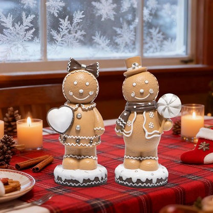 Hodao Gingerbread Couple Figurines Set of 2 - Adorable Resin Christmas Decorations | 7.5" Tall Ornaments