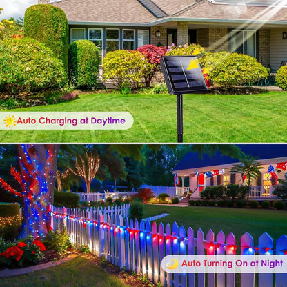 Skiennix 4th of July Outdoor Decorations - 4pk Red, White & Blue Solar String Lights | 400 LEDs, 132FT, Waterproof