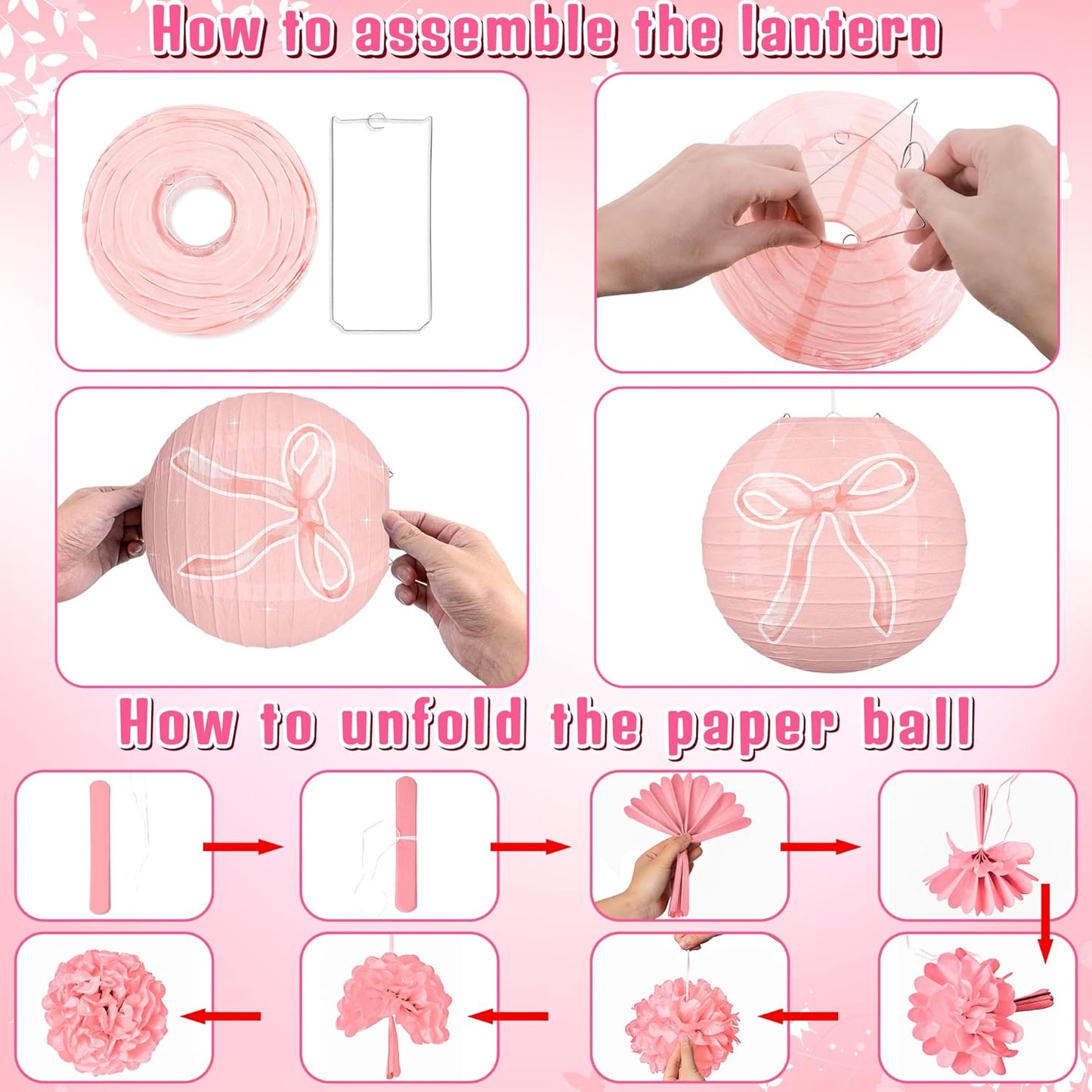 Skiennix 15-Piece Pink Bow Birthday Party Decorations - Paper Lanterns for Girls' Baby Showers