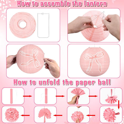 Skiennix 15-Piece Pink Bow Birthday Party Decorations - Paper Lanterns for Girls' Baby Showers