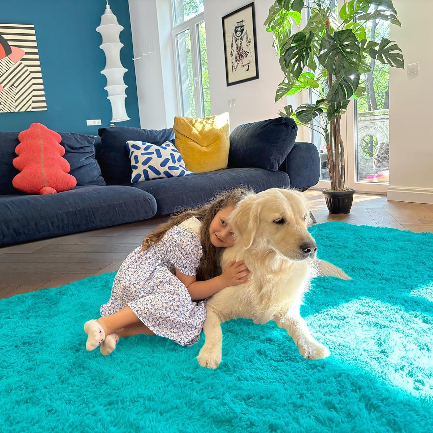 OLANLY Area Rugs - Soft Fluffy Shaggy Indoor Carpet for Living Room & Bedroom | 4x5.9 ft Teal Blue