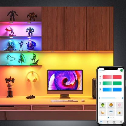 BASON LIGHTING RGB Under Cabinet Lighting, Halloween Decoration Lights, Bluetooth APP Control LED Puck Lights, Dimmable, Adapter Powered Shelf Decorative for Kitchen, Counter, Glass Cabinets