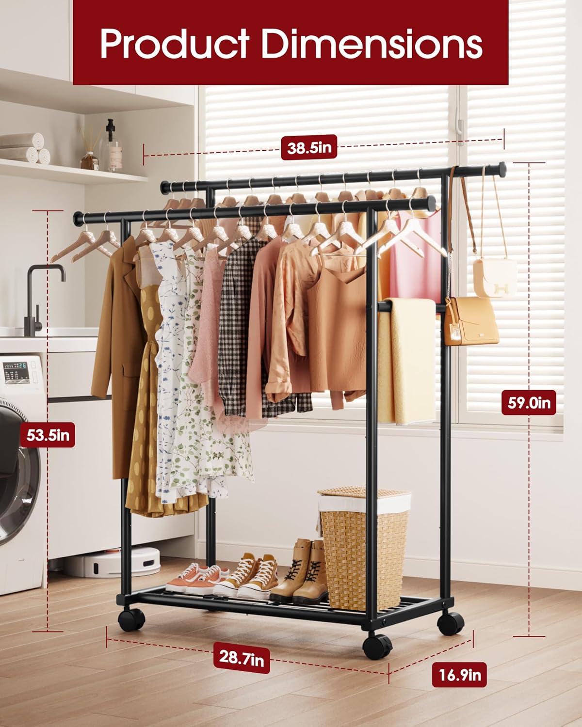 Sakugi Metal Clothes Rack - Double Rod Design with Rolling Wheels & Built-In Shelf | 38.5" x 16.9" x 59", Black