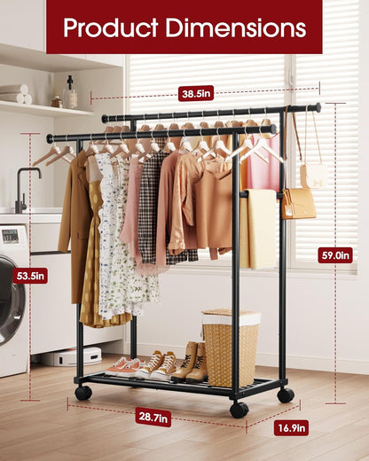 Sakugi Metal Clothes Rack - Double Rod Design with Rolling Wheels & Built-In Shelf | 38.5" x 16.9" x 59", Black