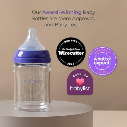 Lansinoh Anti-Colic Glass Baby Bottles - 5 Ounce, 4 Count Set with Extra Slow Flow Nipples