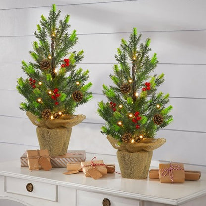 Juegoal 24-Inch Lighted Mini Christmas Trees - Battery Operated Pine Trees with Burlap Base for Holiday Decor