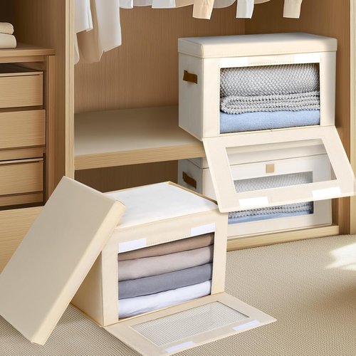 Homsorout Large Closet Storage Bins - Collapsible Clothing Organizer with Handles & Lids | 8 Pack, Beige