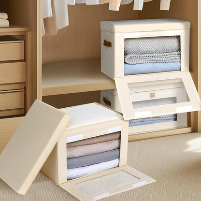 Homsorout Large Closet Storage Bins - Collapsible Clothing Organizer with Handles & Lids | 8 Pack, Beige