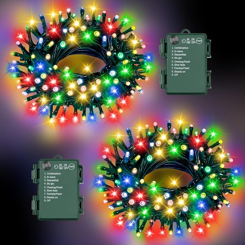 Multicolor Outdoor Battery-Operated Christmas String Lights 100LED 33ft 8 Modes with Timer - 2 Pack