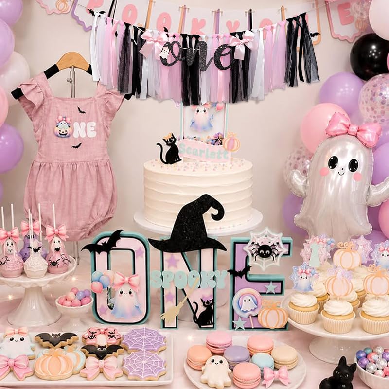 Halloween Ghost One High Chair Banner with Pink, Black & White Tulle Skirt