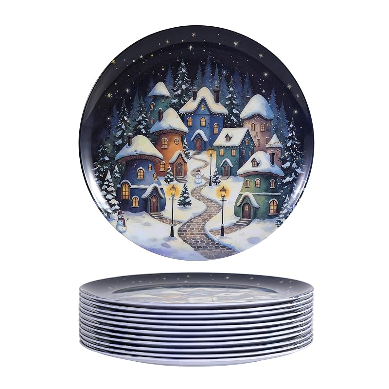 Snowhouse 10-Inch Christmas Plates Set of 12 – Melamine Dinnerware, Outdoor Friendly