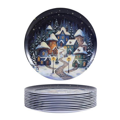Snowhouse 10-Inch Christmas Plates Set of 12 – Melamine Dinnerware, Outdoor Friendly