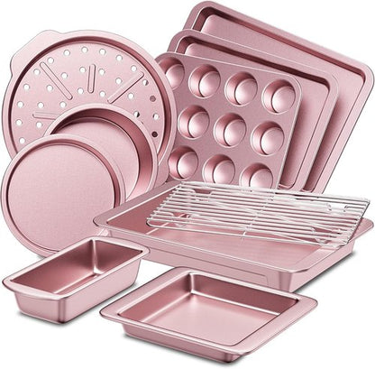 HONGBAKE Nonstick Bakeware Set - 10-Piece Kitchen Pans with Wider Grips | Includes Rack, Cookie Sheet, Cake Pans, Muffin Pan, Pizza Pan - Pink
