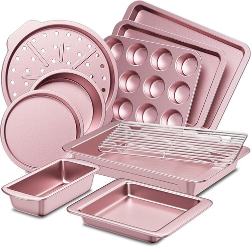 HONGBAKE Nonstick Bakeware Set - 10-Piece Kitchen Pans with Wider Grips | Includes Rack, Cookie Sheet, Cake Pans, Muffin Pan, Pizza Pan - Pink