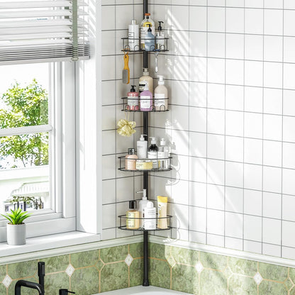 Skiennix Corner Shower Caddy - 4-Tier Adjustable Bathroom Organizer with Hidden Hook & Towel Holder | 63.7-119 Inch, Black