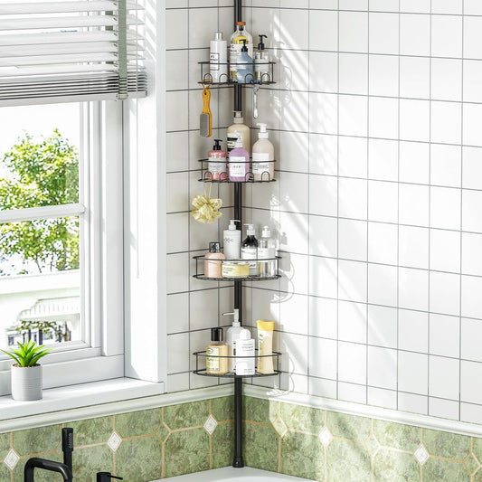 Skiennix Corner Shower Caddy - 4-Tier Adjustable Bathroom Organizer with Hidden Hook & Towel Holder | 63.7-119 Inch, Black