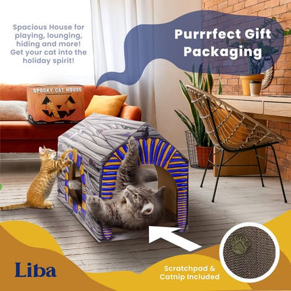 LiBa Cardboard Holiday Cat House with Scratch Pad and Catnip, Cat Bed for Indoor Cats, Cat Scratching Toy, Christmas Decorations Cat Gifts for Cats Mummy House