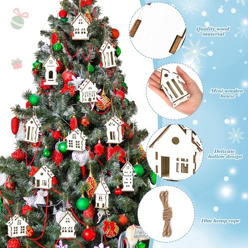 Coume Christmas Wooden Ornaments - 9 Pcs Rustic White House Cutouts for DIY Tree Decorations