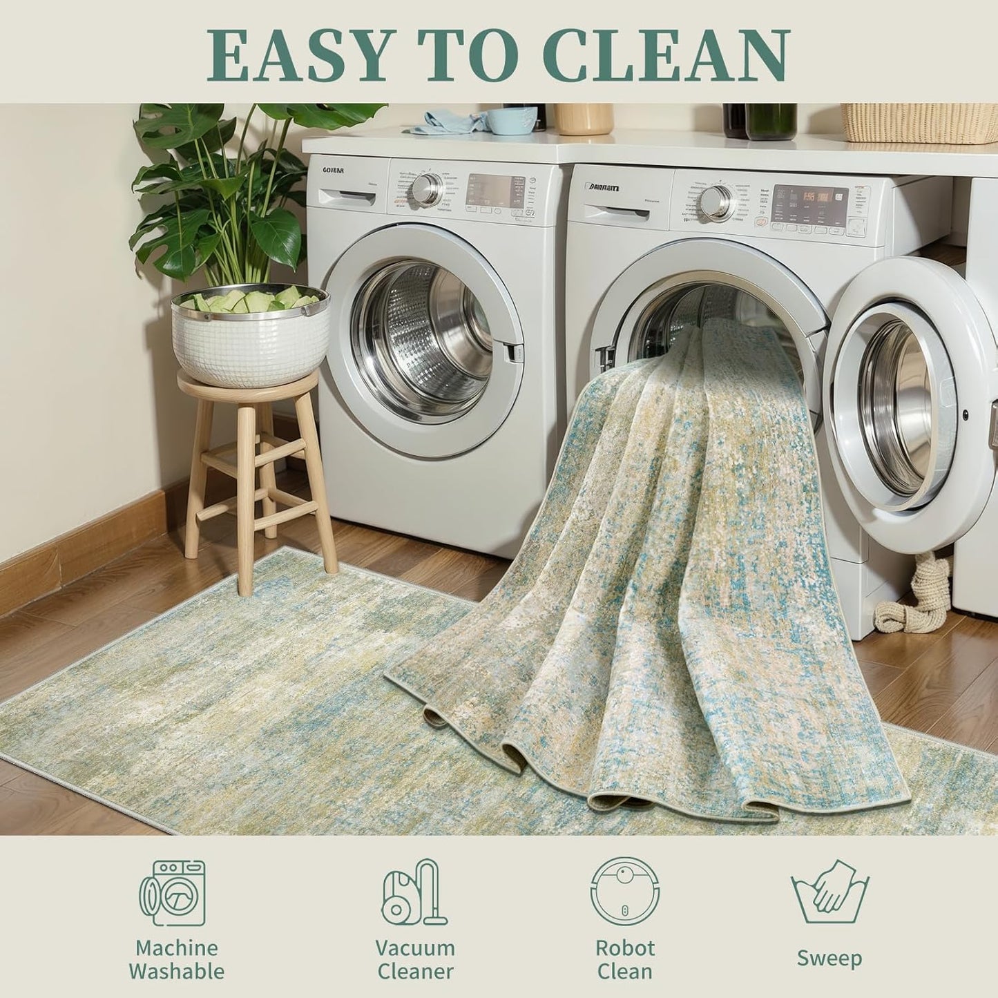 Tangsoo Washable 2x3 Area Rug - Modern Non-Slip Soft Rug for Entryway, Kitchen & Living Room | Blue/Beige