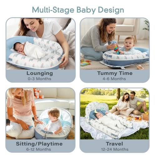 JollyBoo® Deluxe Infant Lounger Pillow - Portable Bamboo-Cotton Baby Nest with Sunshade & Plush Toys | Soft, Breathable Design for 0-24 Months (Blue Elephant)
