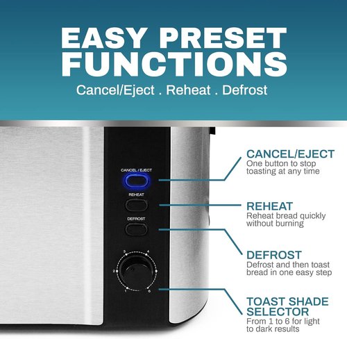 Elite Gourmet ECT-3100 Long Slot 4-Slice Toaster - Extra Wide Slots, 6 Toast Settings, Stainless Steel & Black