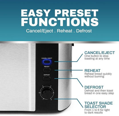 Elite Gourmet ECT-3100 Long Slot 4-Slice Toaster - Extra Wide Slots, 6 Toast Settings, Stainless Steel & Black