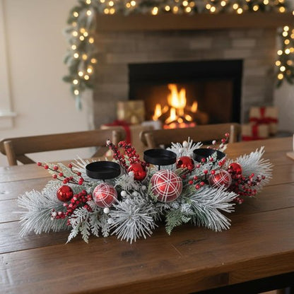 Christmas Candle Holder Centerpiece - Red Ornaments & Berries with Frosted Pine Branches | Holiday Table Decoration