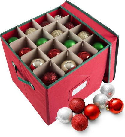Elf Stor Christmas Decor Storage Box - Red Oxford Canvas Ornament Cube Chest with 64 Compartment Dividers