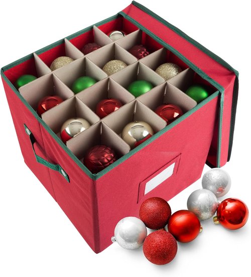 Elf Stor Christmas Decor Storage Box - Red Oxford Canvas Ornament Cube Chest with 64 Compartment Dividers