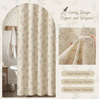 XOGUIBO Floral Farmhouse Vintage Linen Shower Curtain, French Country Spring Shower Curtains for Bathroom, 72Wx72H