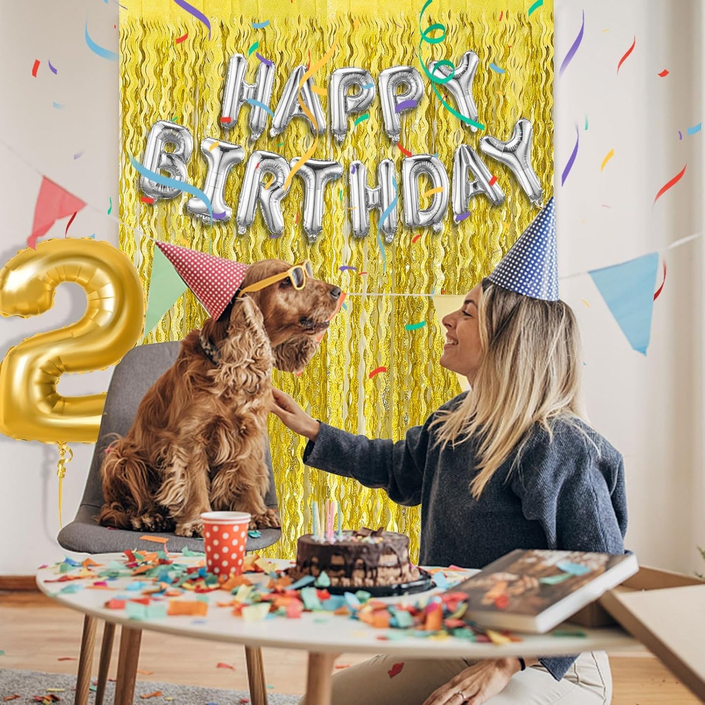 Skiennix Gold Fringe Curtain Backdrop - Tinsel Streamers for Birthday & Graduation Parties | 2 Pack