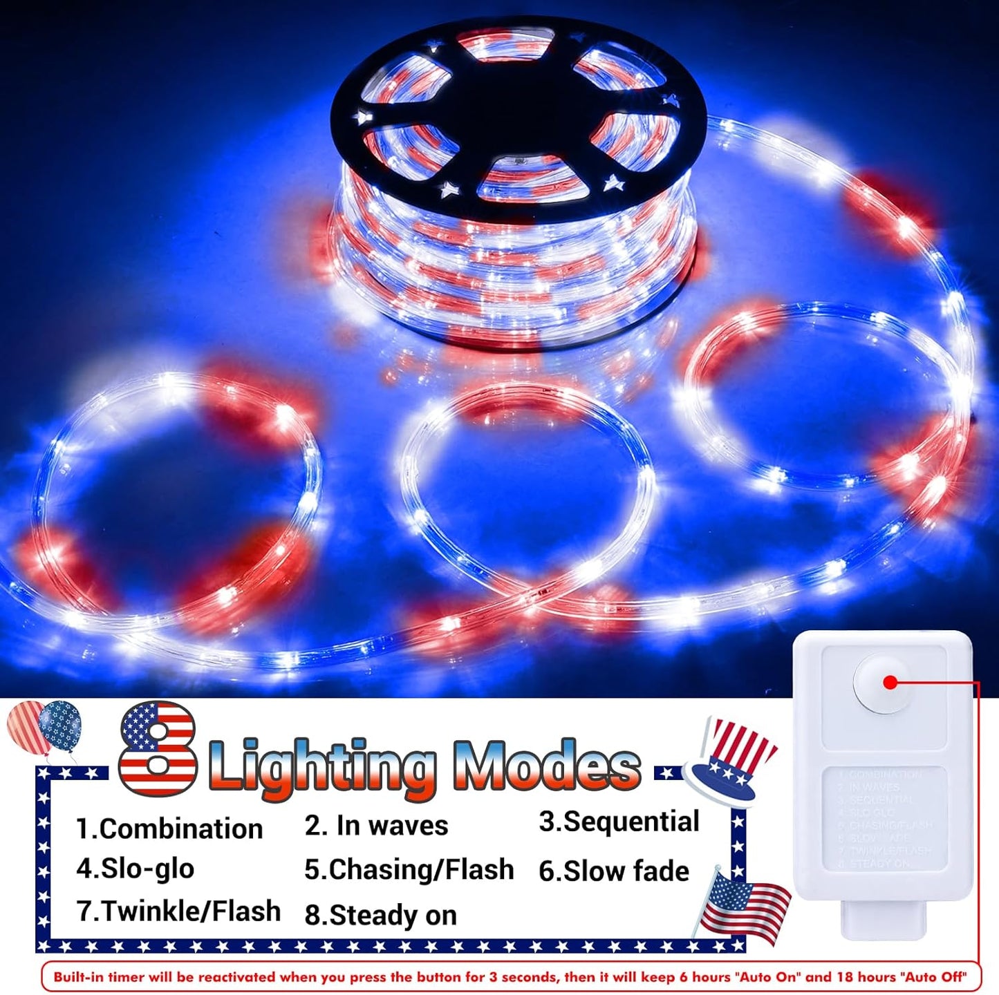 Skiennix 200ft LED Rope Lights - Waterproof Flexible Tube Lighting with 8 Modes | Red, White & Blue